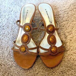 A. Marinelli Tan Stone Embellished Kitten Sandals Sz 8